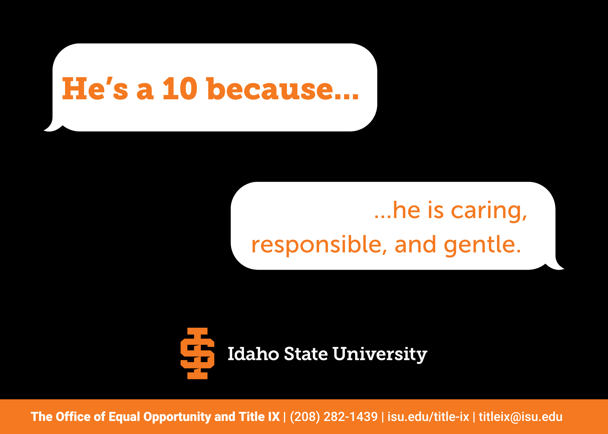 Dialogue bubbles with the text he's a 10 because he is caring responsible and gentle