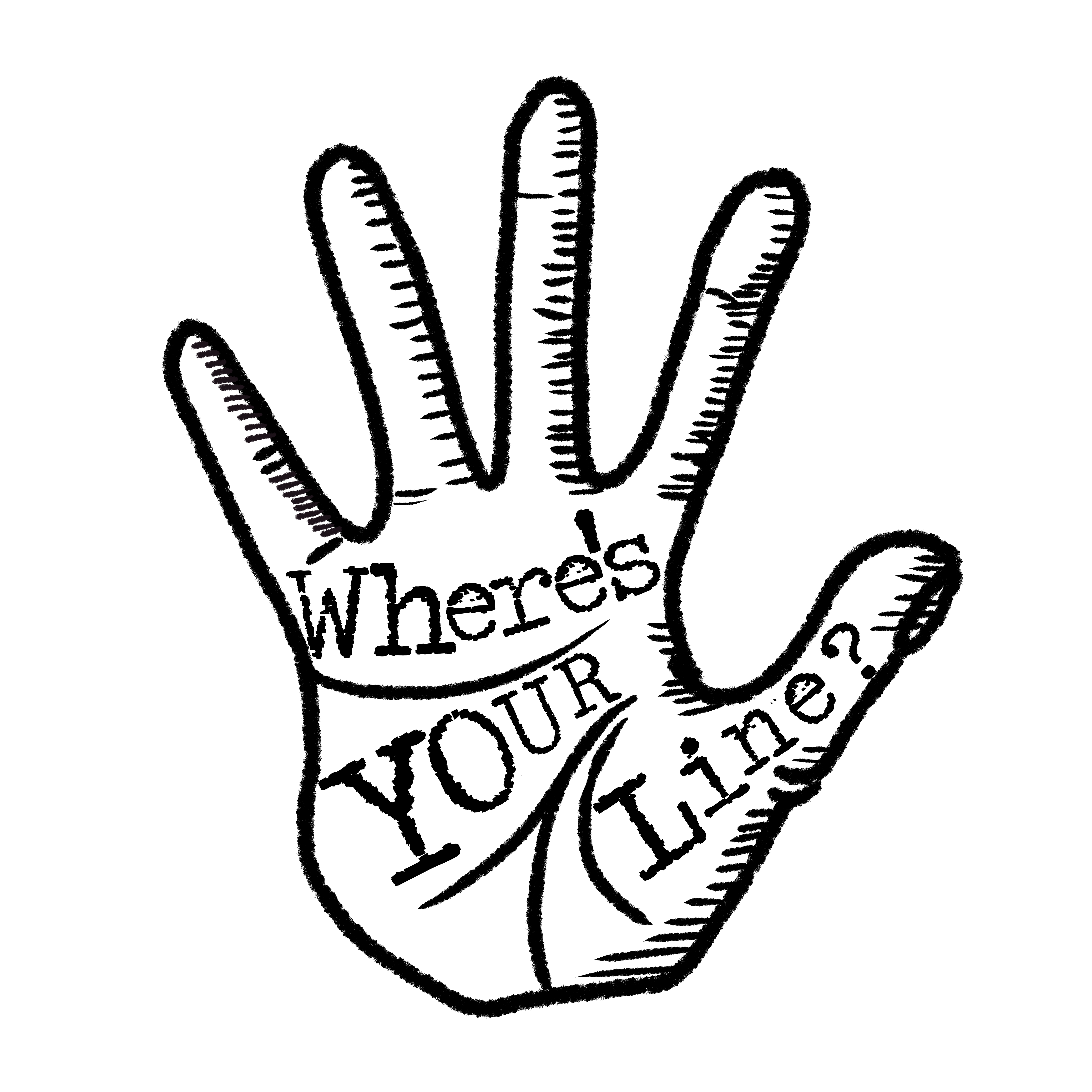 A black and white drawing of a hand. The words 