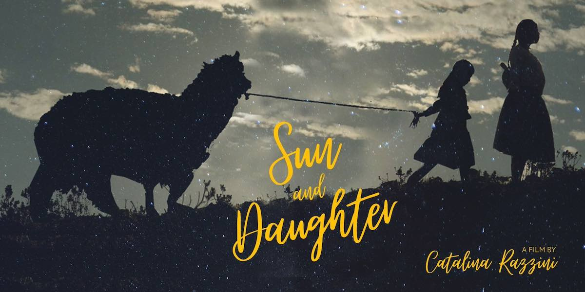 Silhouette of two girls walking a llama on a leash up a hillside
