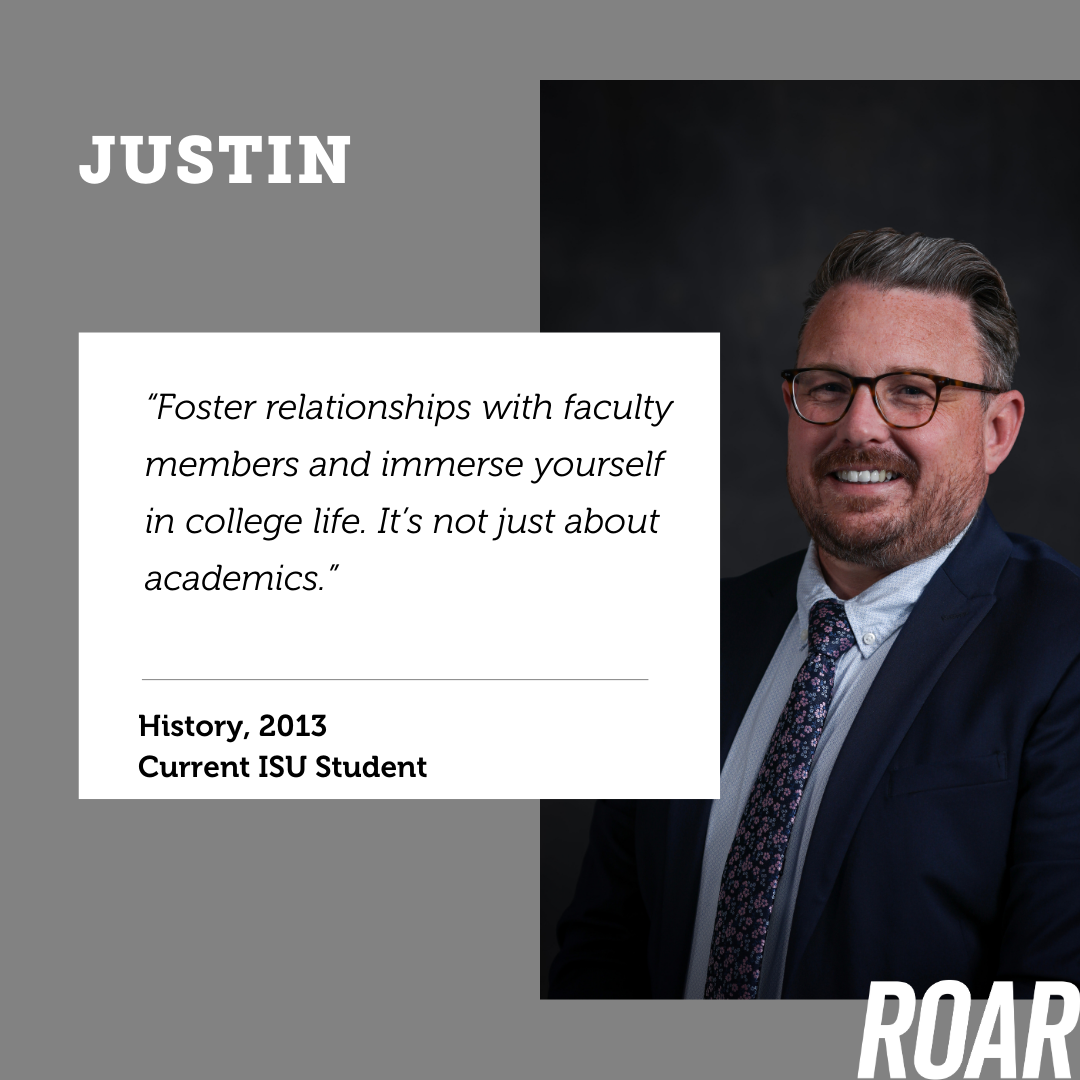 Headshot of Justin with a quote that says