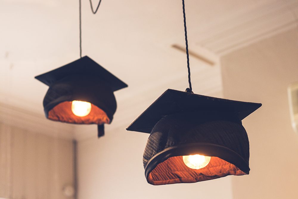 Graduation caps turned into hanging lights