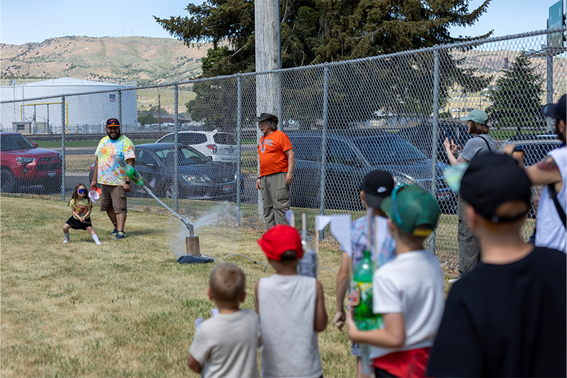 Water rocket scientists build and launch their creations at the Idaho State University Department of Physics’ Water Rocket Festival on June 28, 2025.