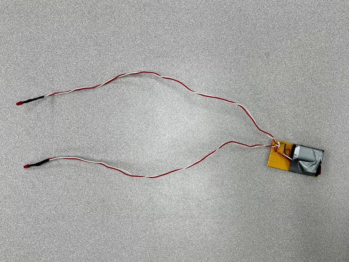 Two LEDs attached to long wires connected to a battery