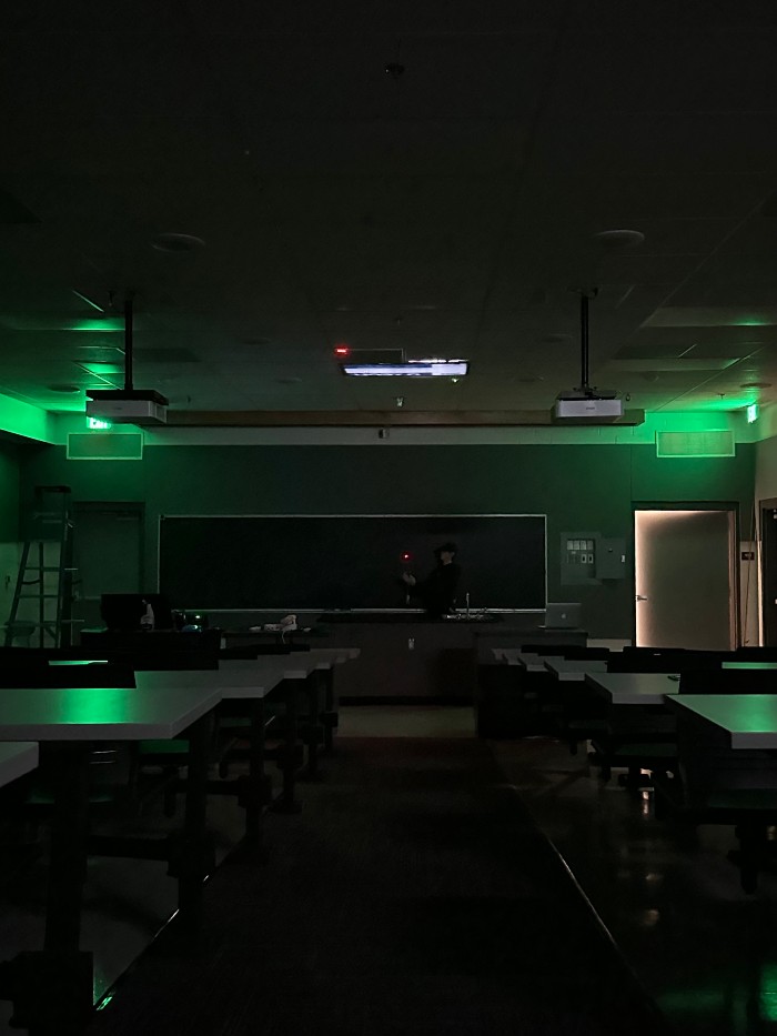 One lit LED in a dark room
