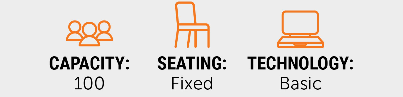 Quick facts graphic showing a capacity of 100, fixed seating, and basic technology, with orange icons representing each feature.