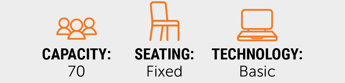 Quick facts graphic showing a capacity of 70, fixed seating, and basic technology, with orange icons representing each feature.