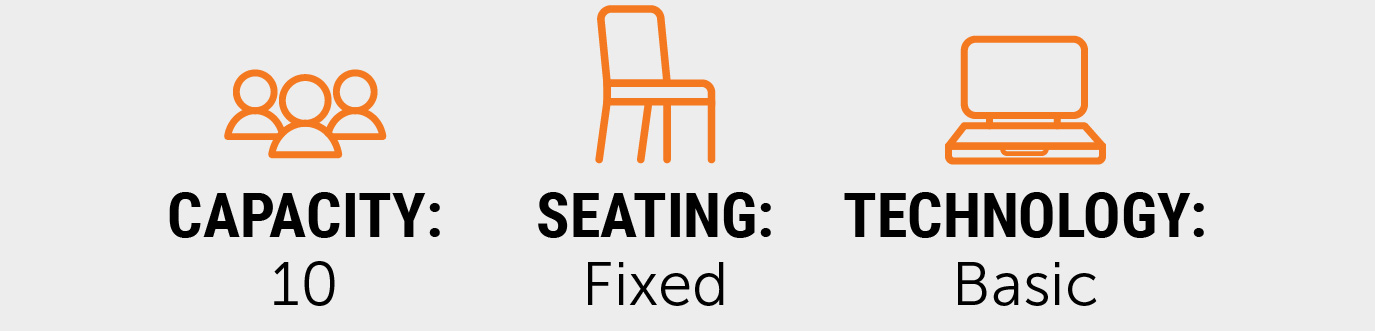 Quick facts graphic showing a capacity of 8 people, fixed seating, and basic technology.