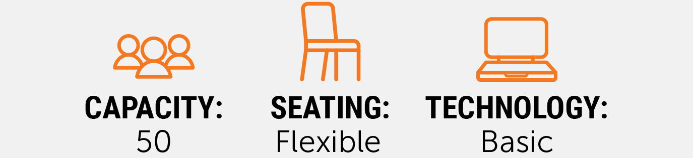 Quick facts graphic with icons showing capacity of 50, flexible seating, and basic technology, displayed in black text with orange outline icons on a light gray background.