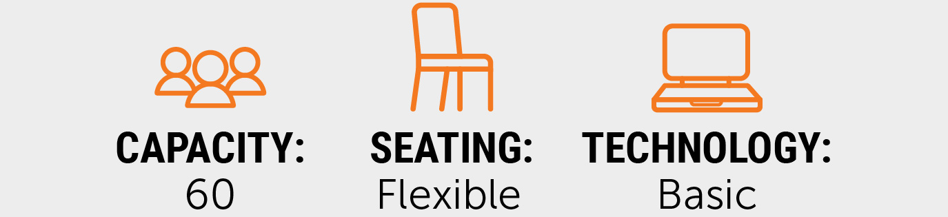 Quick facts graphic with icons showing capacity of 60, flexible seating, and basic technology, displayed in black text with orange outline icons on a light gray background.