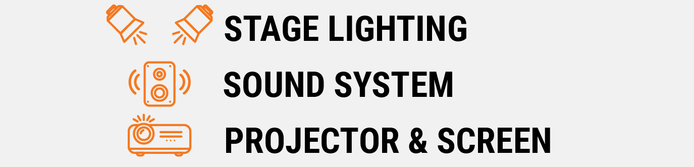 Graphic listing available auditorium technology with icons and text reading: “Stage Lighting,” “Sound System,” and “Projector & Screen.”