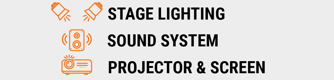 Graphic listing available auditorium technology, including stage lighting, a sound system, and a projector and screen, with orange icons representing each feature.