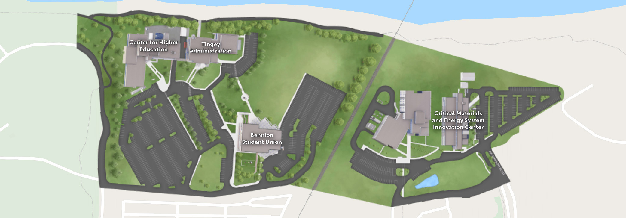 Illustrated map of the Idaho State University Idaho Falls campus showing building locations, parking lots, roadways, walking paths, green spaces, and the Snake River along the north edge, with icons marking key campus buildings.