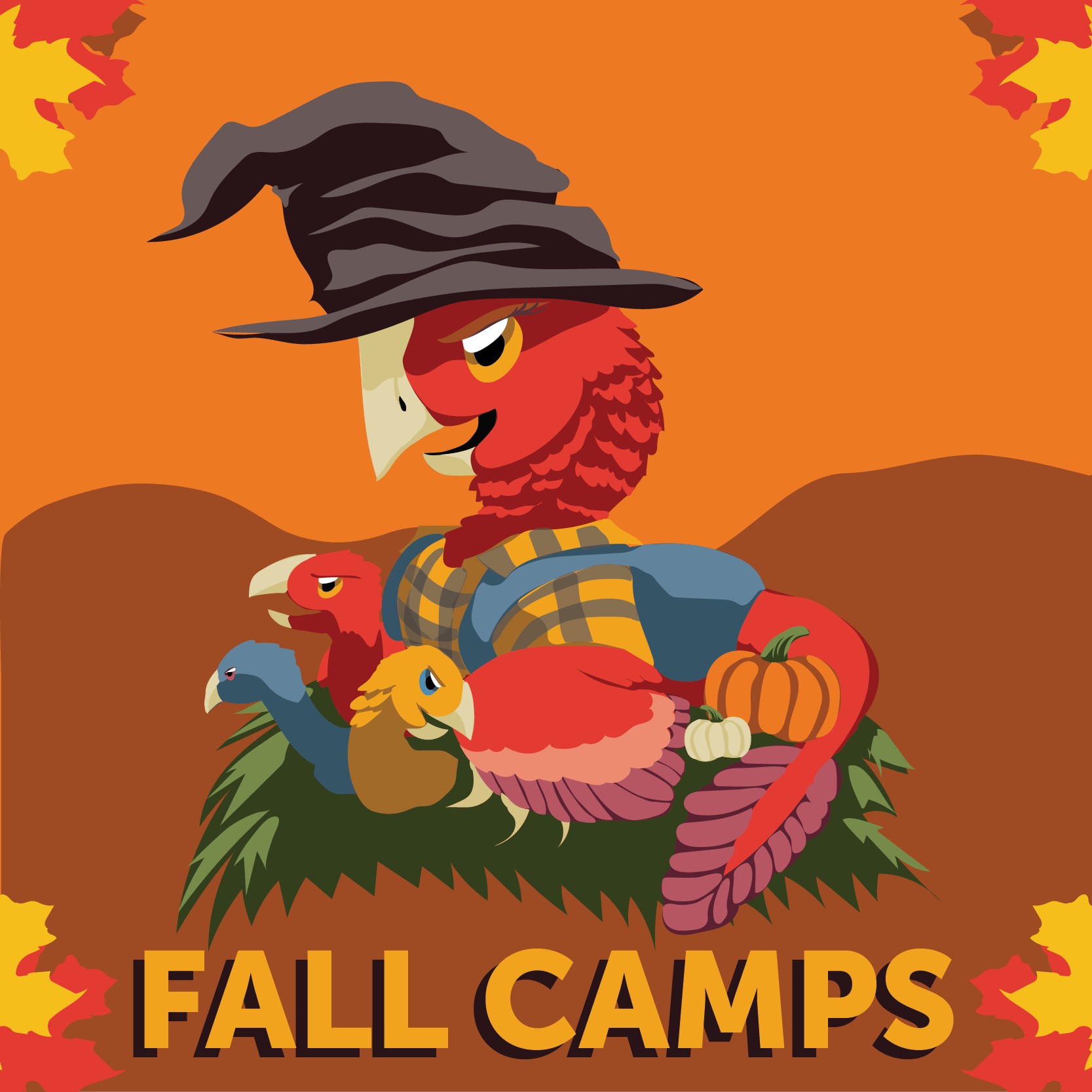 Fall Camp with a Gigantoraptor parent in a witches hat holding her chicks