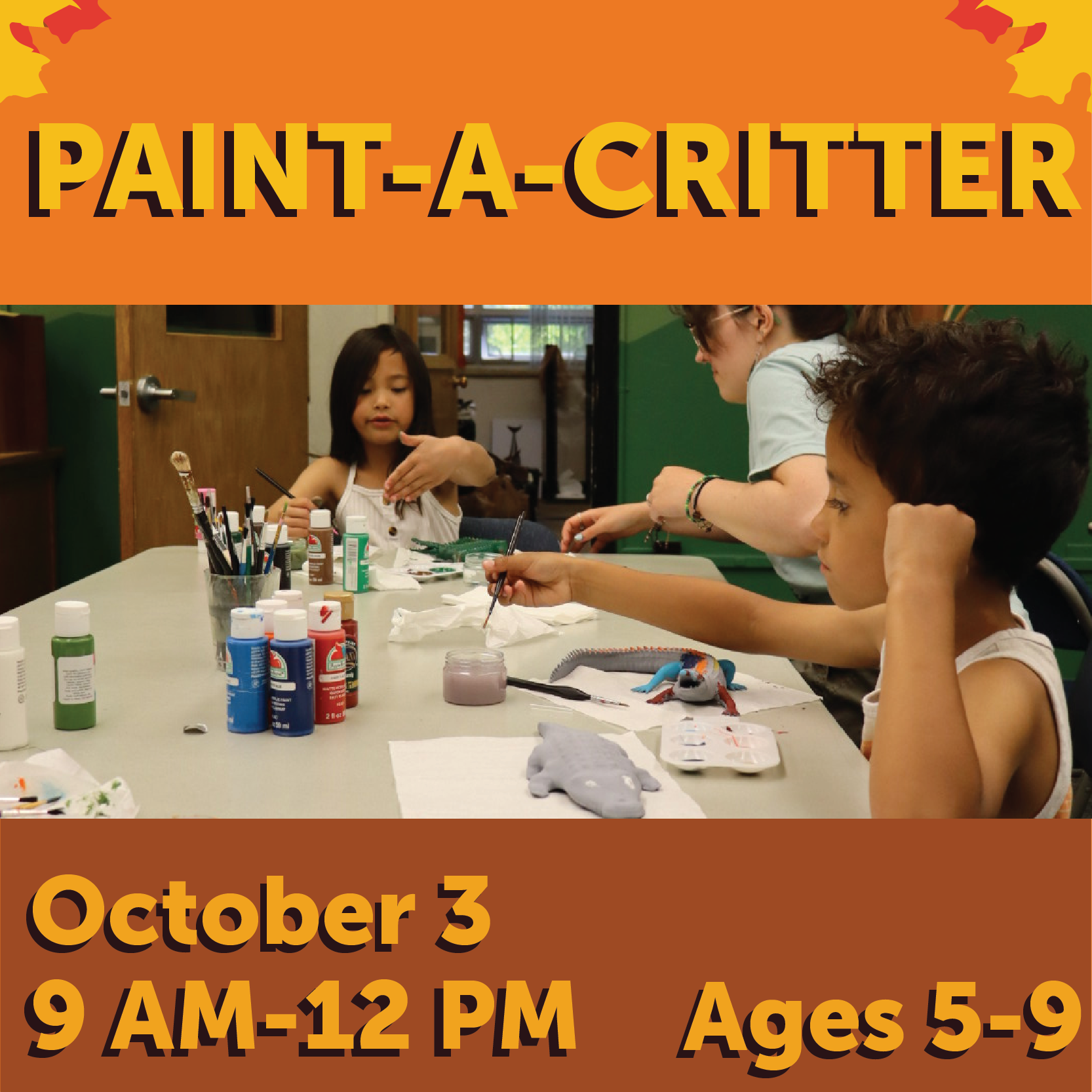 Paint-a-critter, october 3, 9 am to 12 pm, ages 5 to 9