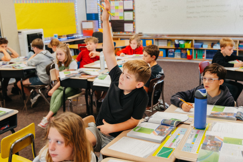 Student raising his hand in a classroom