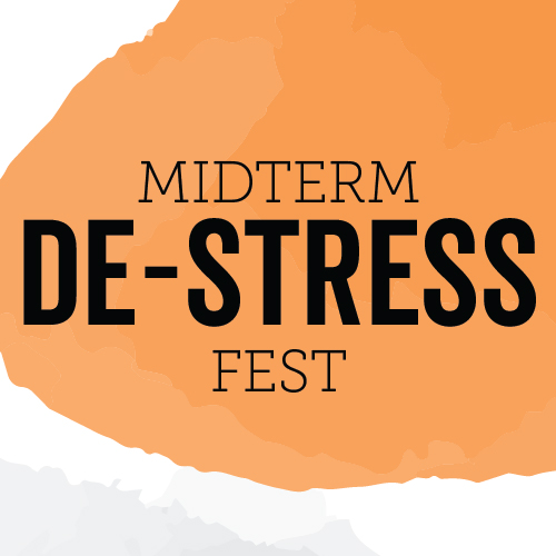 Midterm Destress Fest text with a splash of orange watercolor behind it