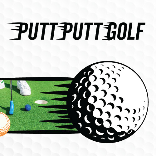 Image of a mini golf green with a golf ball graphic under the words 
