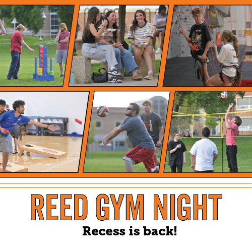 Images of students particpating in yard games. rock climbing, and various sports.