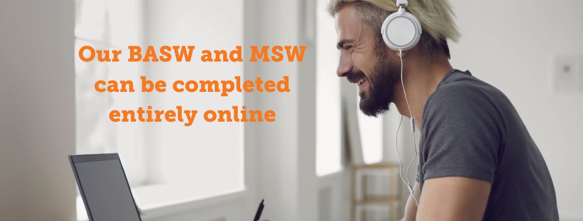 Orange text over a photo of a man with headphones who is smiling and working on his laptop reads: