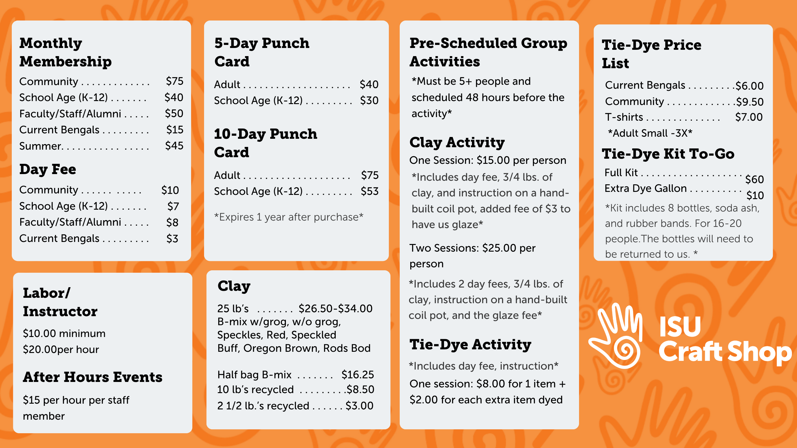 Craft Shop Fee and Prices List
