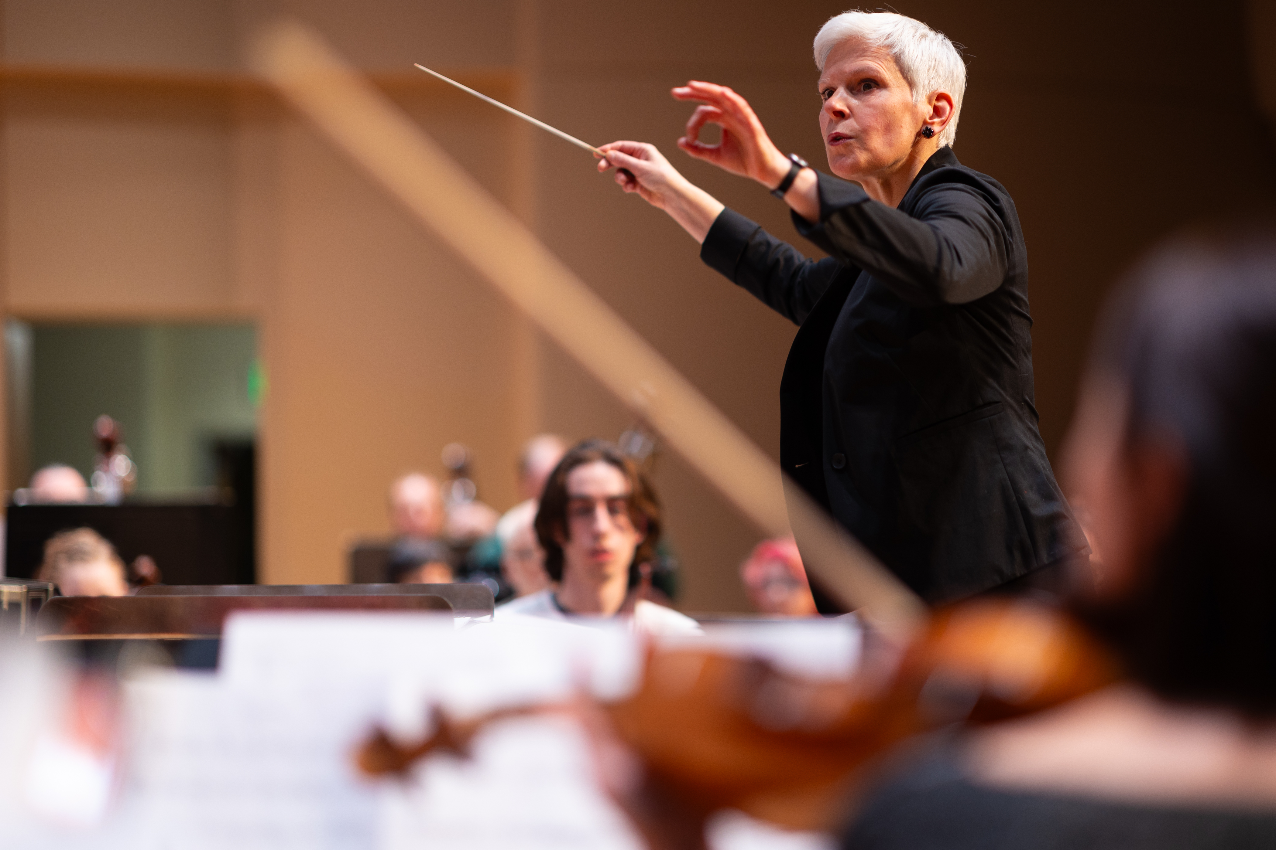 Symphony conductor with musicians in the background