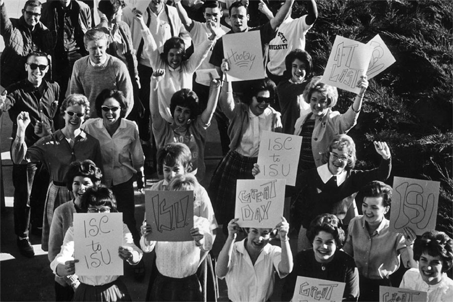1963, Another “Great Day” captured the joy and pride of Idaho State College becoming Idaho State University.