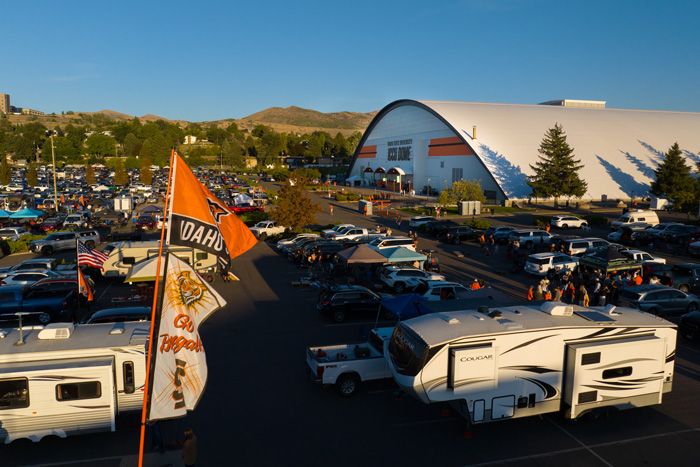 Aerial shot of the ICCU dome at homecoming with ISU Bengal fan flags in the foreground